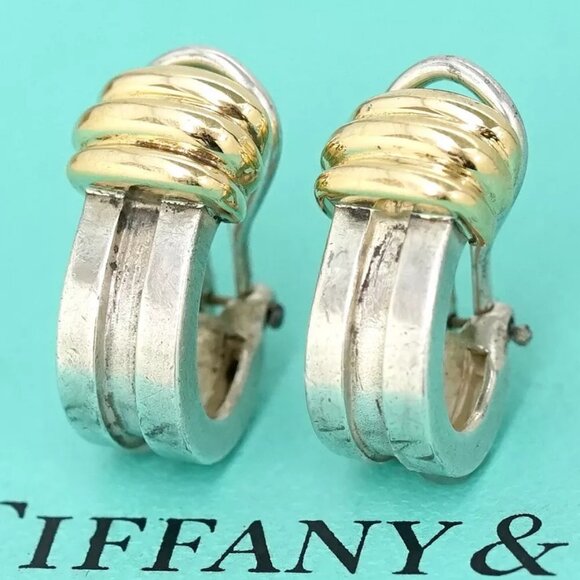 Tiffany & Co. Atlas Grooved Hoop Clip-On Earrings Silver 925 & 18k Gold 750 Auth - Picture 1 of 16